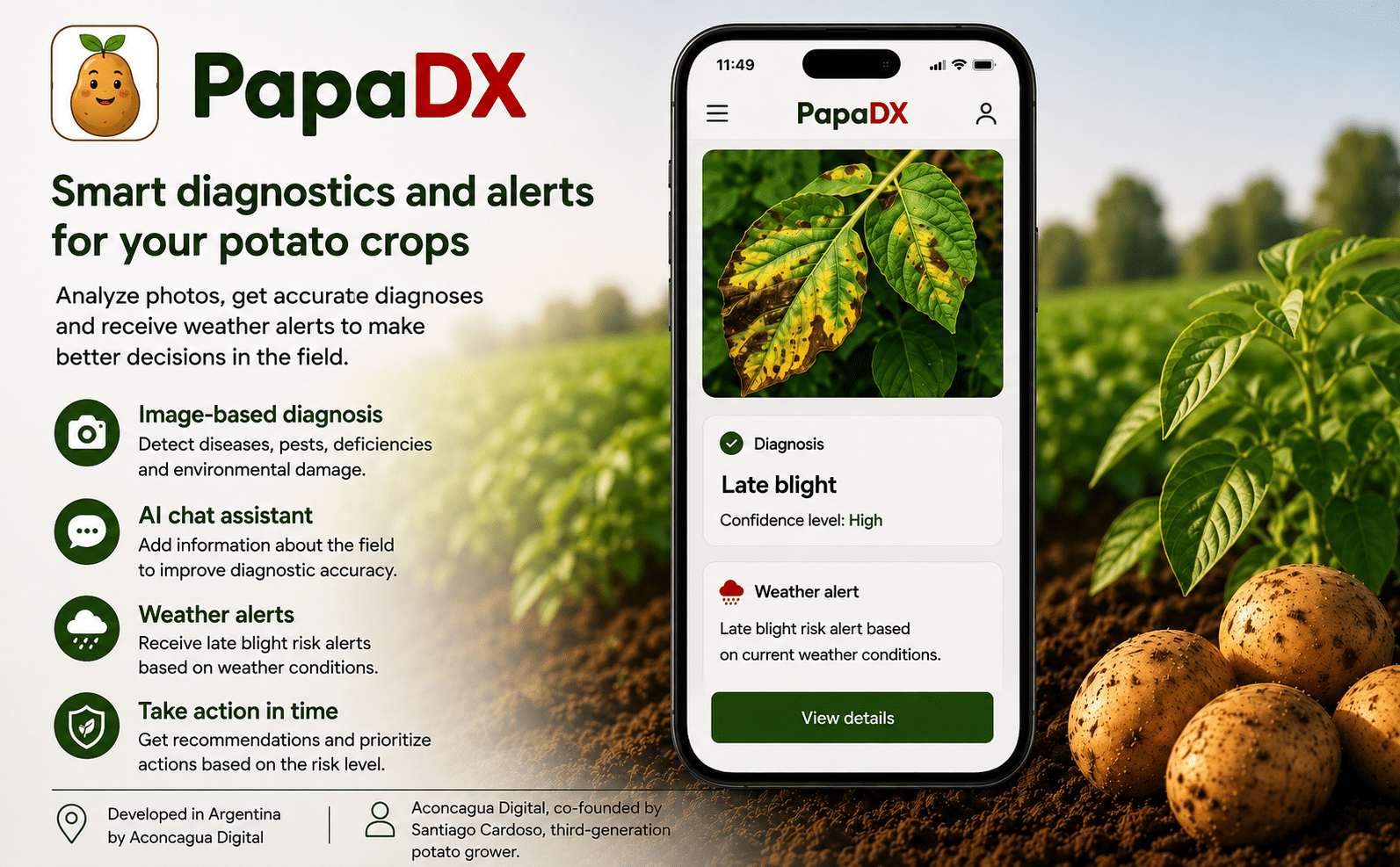 PapaDX uses artificial intelligence to analyze images of potato crops, support in-field diagnosis, and generate risk alerts based on weather conditions. (AI-generated illustration by PotatoPro)